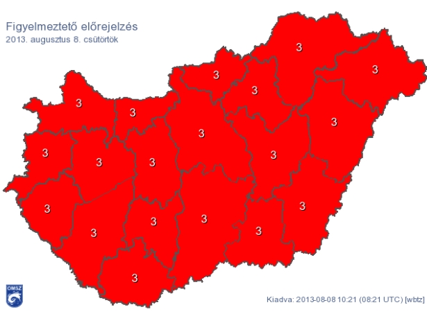 Az egész ország pirosban virít a hőség miatt (Forrás: met.hu)