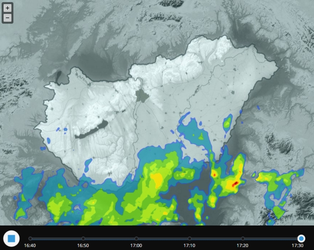 Az időkép 17:30-as radarképén látszik, hogy közeledik felénk a vihar (forrás: idokep.hu)